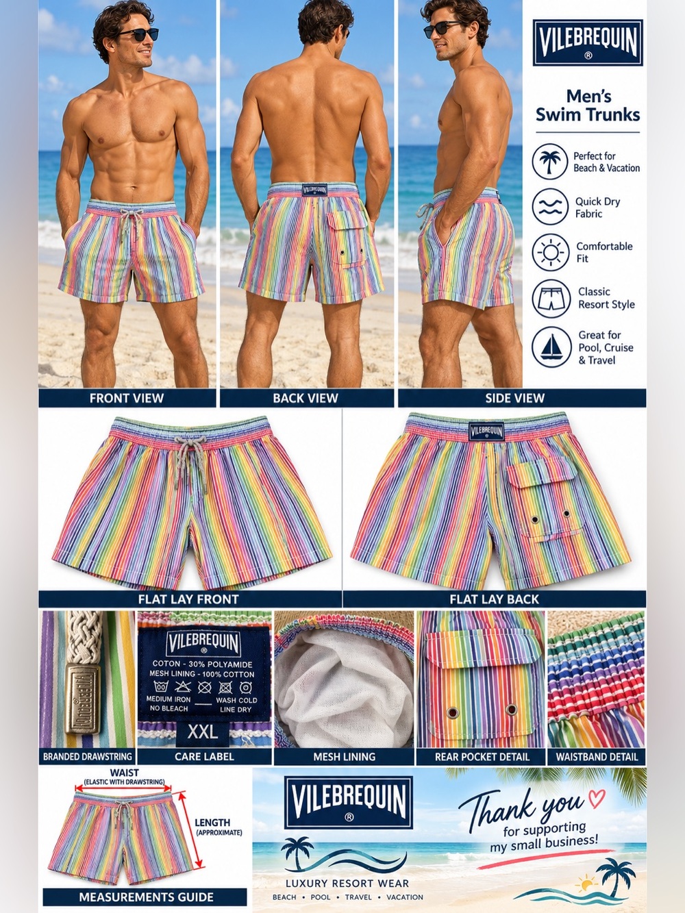 Vilebrequin Men’s XXL Rainbow Stripe Swim Trunks Multicolor Drawstring